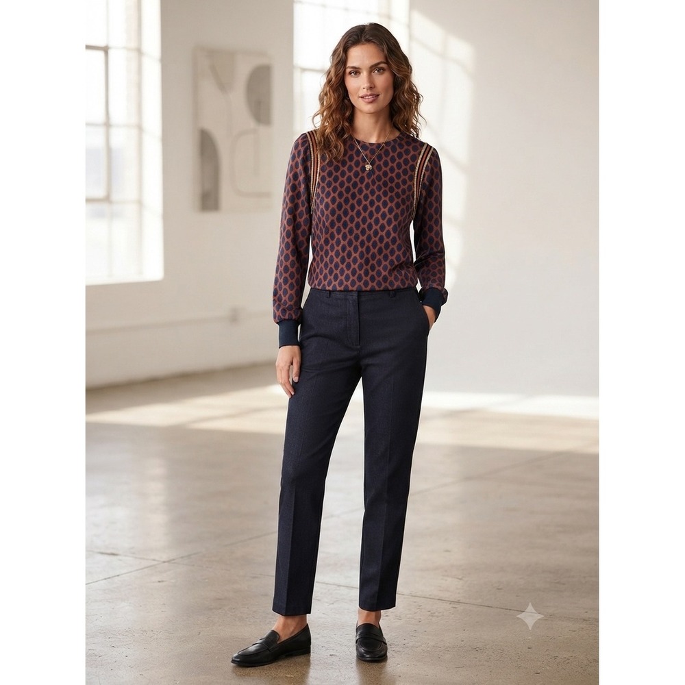 Savida Women Navy Orange Geometric Honeycomb Print Top Metallic Trim Size Smallβ